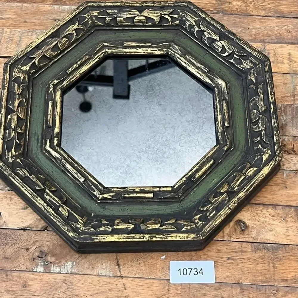 Vintage Octagon Green Wooden Framed Mirror Antiqued Distressed Finish